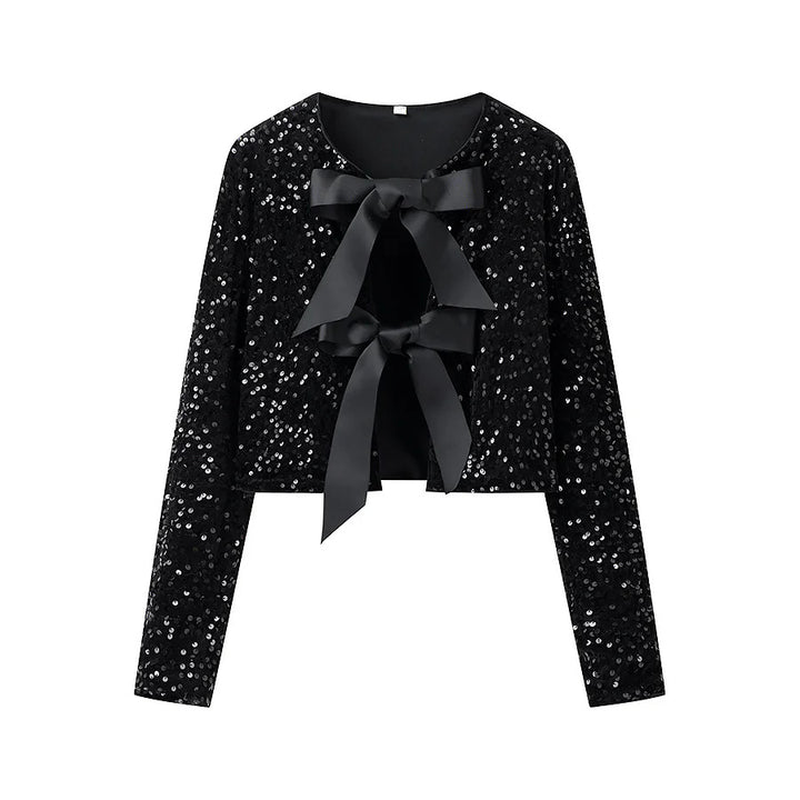 Damen nan kurze Pailletten-Jacke mit zweifacher Satin-Schleifenfront und Rundhalsausschnitt Drune