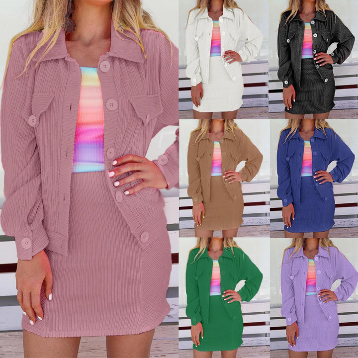 Damen Zweiteiliges geripptes Hemdjacken- und Minirock-Set mit Oversize-Silhouette Drune