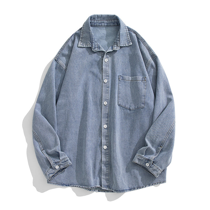 Unisex Lockeres Denim-Overhemd mit Brusttasche, gerundetem Saum und durchgehender Knopfleiste Drune