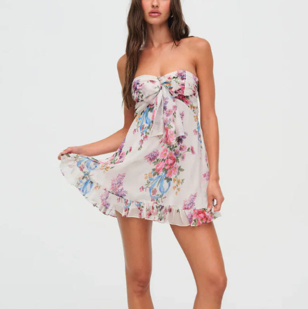 Damen nan trägerloses Chiffonkleid mit Frontschleife und Volantsaum Drune