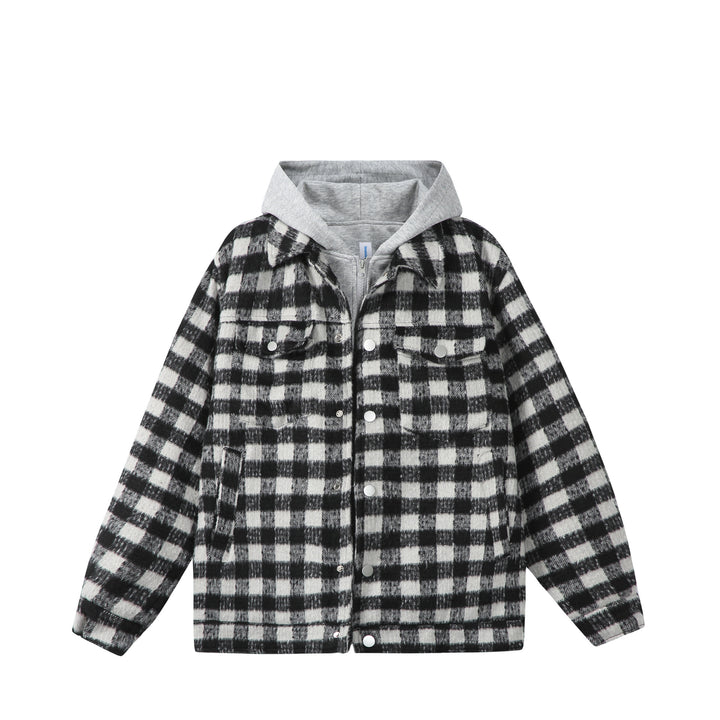 Damen Kurzblouson im Shacket‑Stil mit Karo‑Wolloptik und integrierter Sweatkapuze Drune