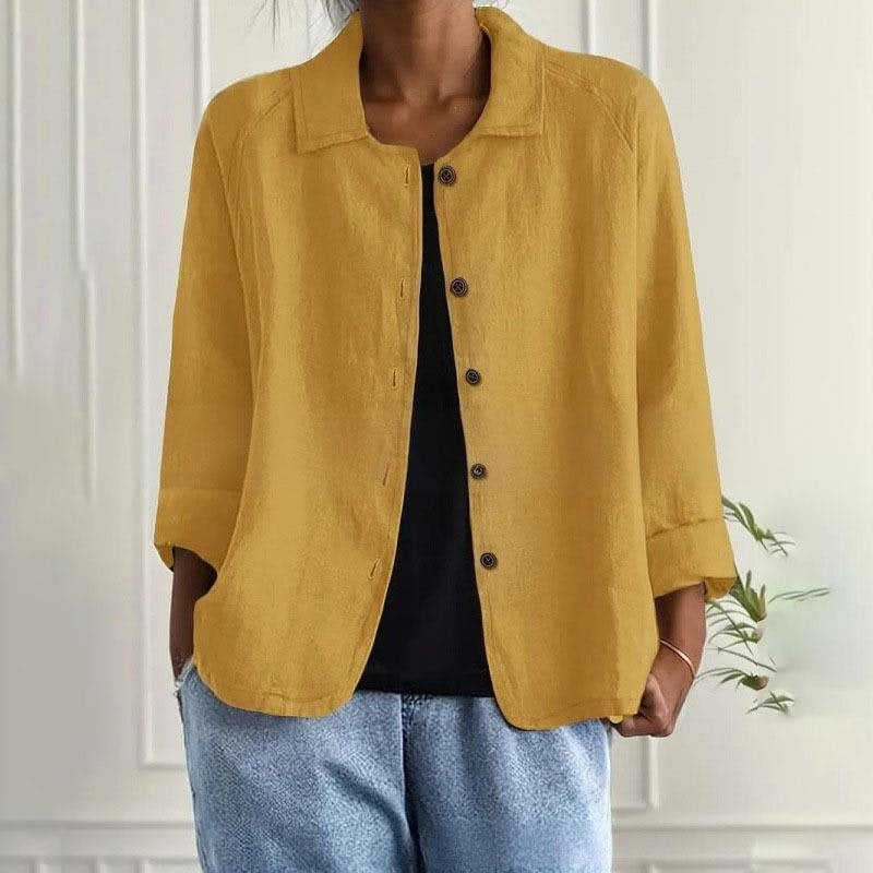 Damen Oversized Leinen-Hemdjacke mit Hemdkragen, 3/4-Ärmeln und durchgehender Knopfleiste Drune