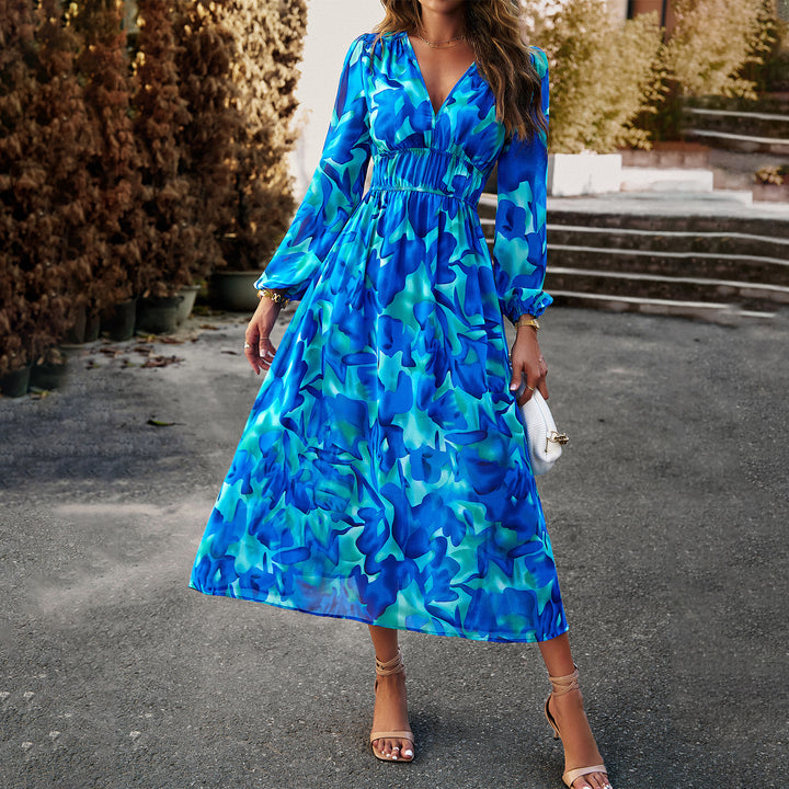 Damen Midi-Kleid mit floralem Druck und elastischem Tailleneinsatz Drune