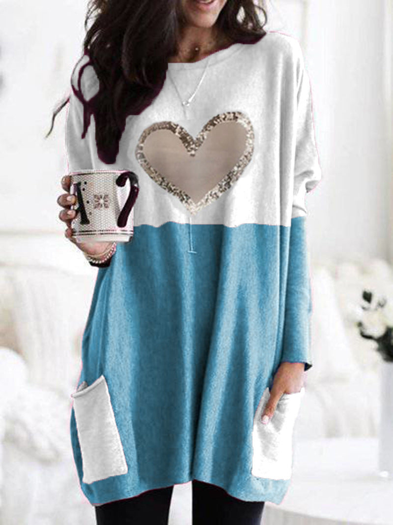 Damen Oversized Lange Pullover Tunika mit Pailletten-Herz und aufgesetzten Taschen Drune