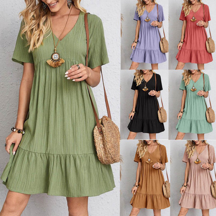 Damen Kurzarm Sommerkleid mit voluminösem Rock und V-Ausschnitt Drune