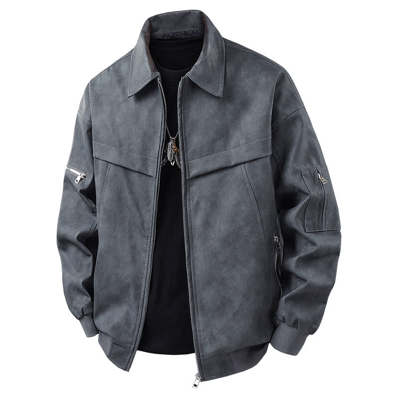 Herren Stilvolle Kunstlederjacke mit hohem Kragen Drune