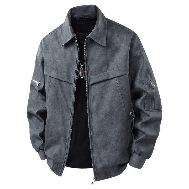 Herren Stilvolle Kunstlederjacke mit hohem Kragen Drune