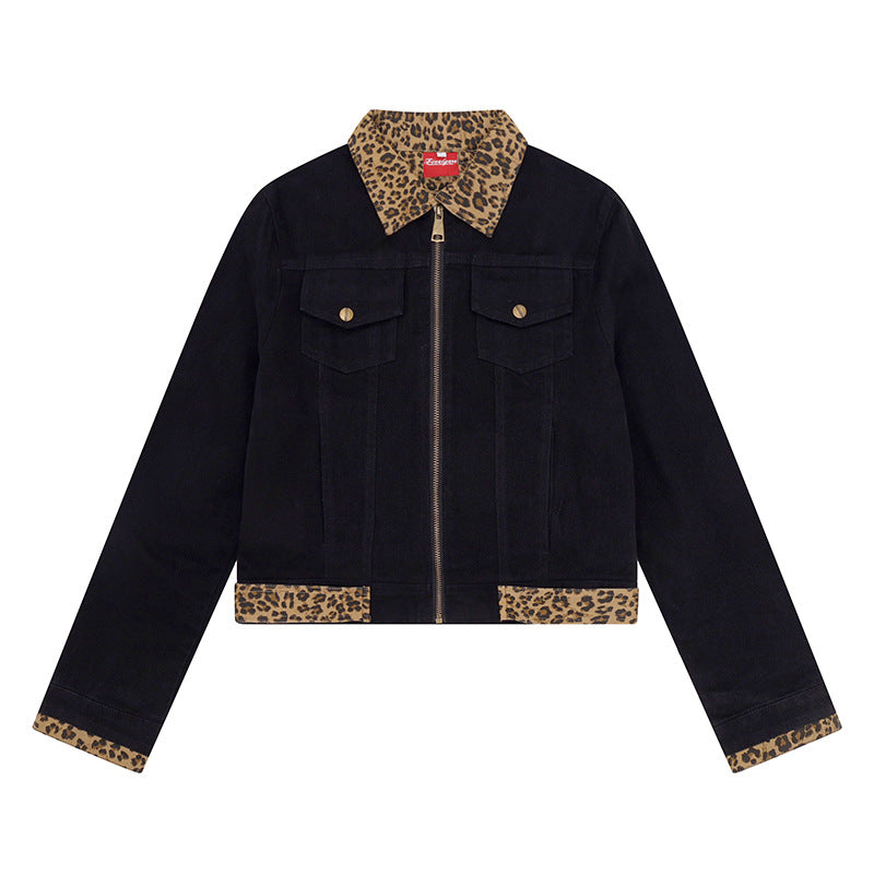 Damen Kurz geschnittene Denim-Truckerjacke mit Leoparden-Kontrastkragen und Umschlagbündchen Drune