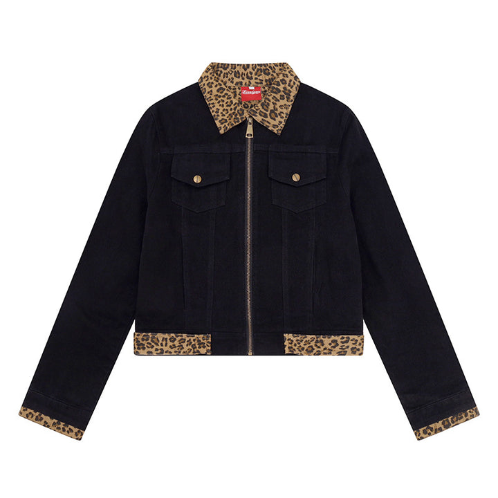 Damen Kurz geschnittene Denim-Truckerjacke mit Leoparden-Kontrastkragen und Umschlagbündchen Drune