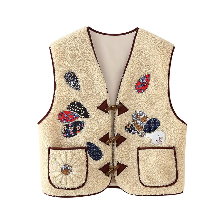 Damen nan ärmellose Teddyweste mit Patchwork-Applikationen und Holzknopf Verschluss Drune