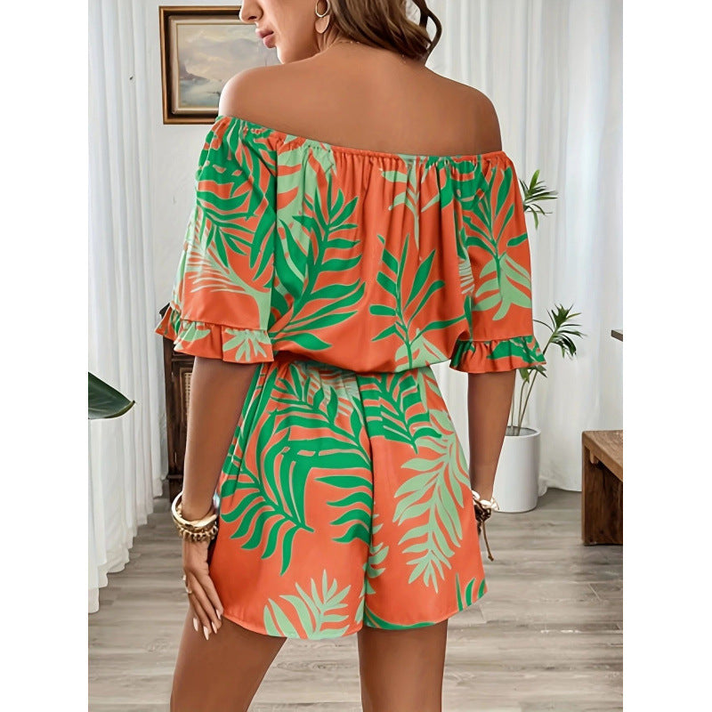 Damen Off-Shoulder Jumpsuit mit floralem Design und elastischem Bund Drune