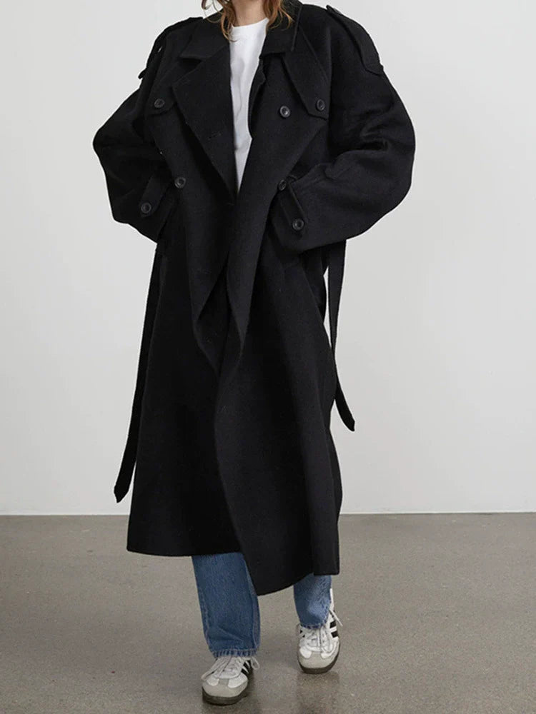 Drune | Damen Langer Mantel – Oversized Schnitt – Wollmischung – Doppelt Knopfverschluss Gürteldesign