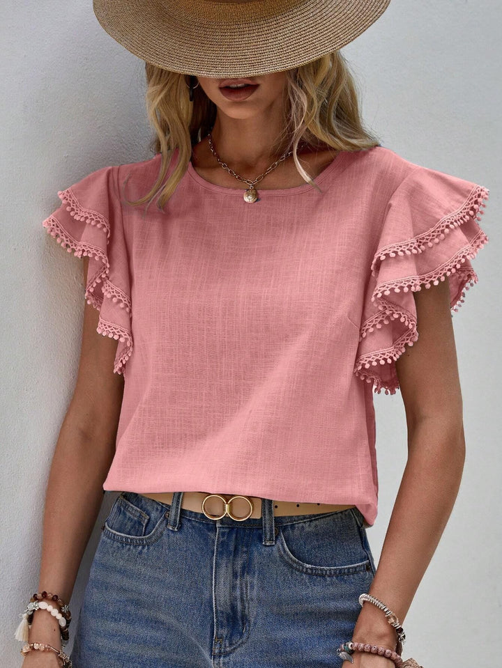 Damen Bluse mit Volantärmeln und Pompon-Spitzenbesatz Drune
