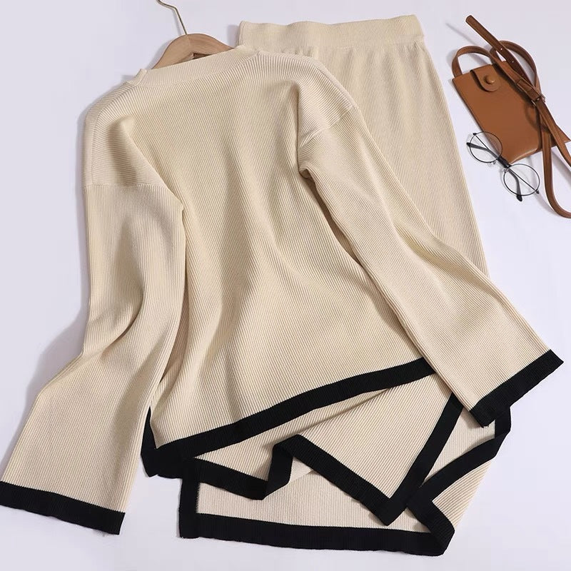 Damen modisches Strick-Loungewear-Set mit dekorativem Kontrastsaum Drune