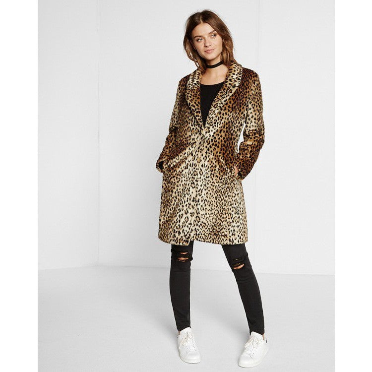 Damen Midilanger Faux‑Fur‑Mantel im Leopardenprint mit Reverskragen und Eingrifftaschen Drune