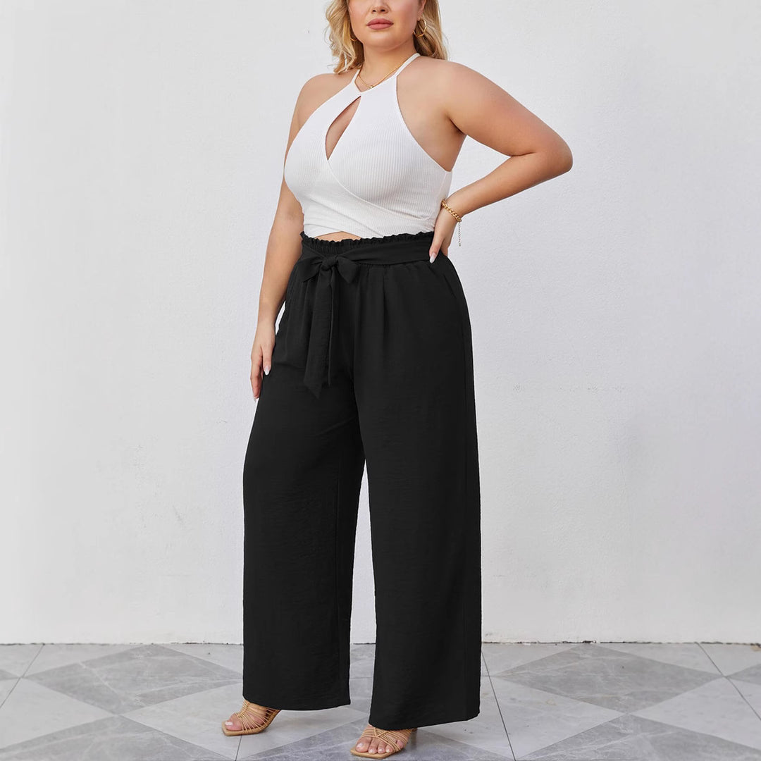 Damen Paperbag-Hose mit weitem Bein, Gummizug, Bindegürtel und Eingrifftaschen Drune