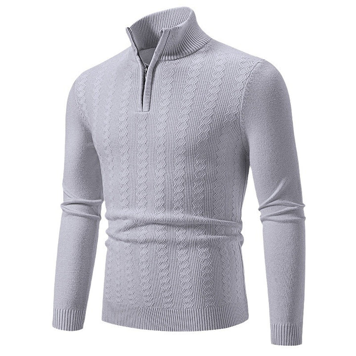Herren nan schmal geschnittener Feinstrickpullover mit halbem Reißverschluss Stehkragen und strukturierter Zopfmuster-Struktur Drune