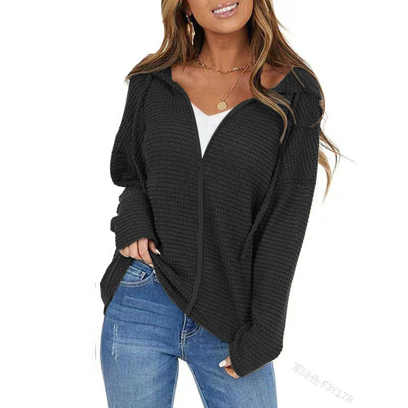 Damen Oversize Struktur-Strickjacke mit Kapuze und durchgehendem Reißverschluss Drune