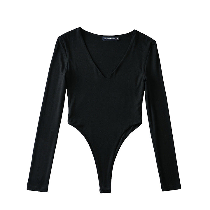 Damen figurbetontes Langarmbodysuit mit tiefem V-Ausschnitt Drune
