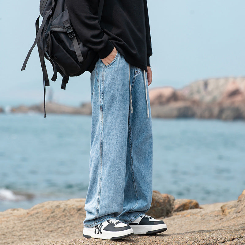Herren Weite Vintage‑Washed Baggy-Jeans im Joggerstil mit Tunnelzugbund und geripptem Knöchelabschluss Drune