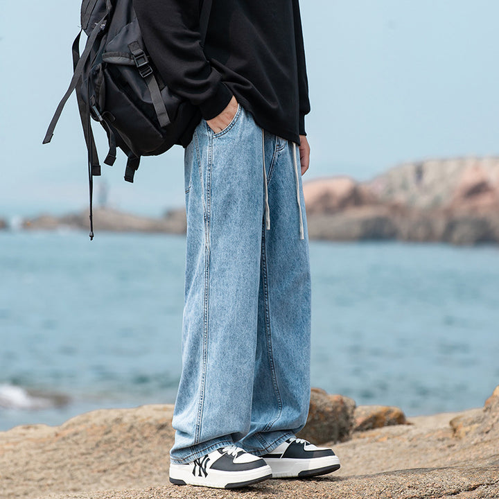 Herren Weite Vintage‑Washed Baggy-Jeans im Joggerstil mit Tunnelzugbund und geripptem Knöchelabschluss Drune