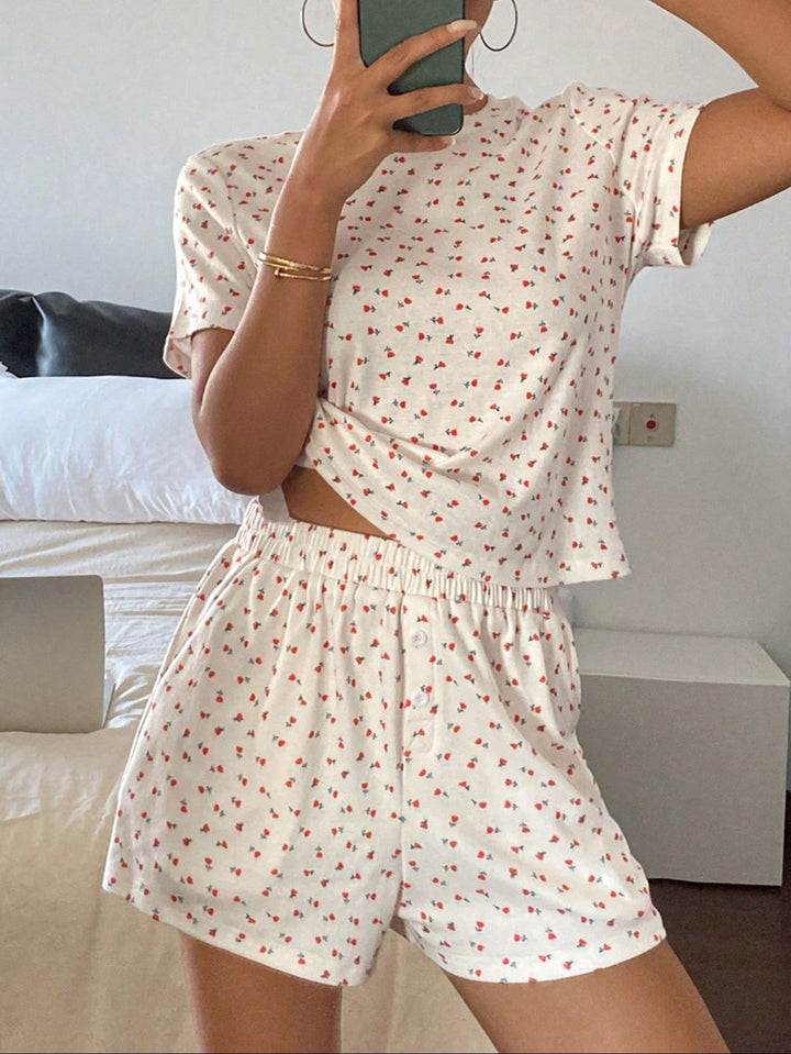 Damen lässiges Schlafanzugset aus atmungsaktivem Baumwollstoff mit zartem Blumendruck Drune