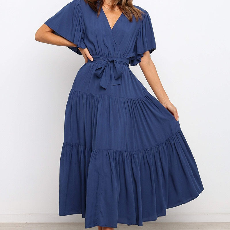 Damen Fließendes Maxi-Kleid mit Wickelbindung und Schmetterlingsärmeln Drune
