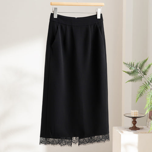 Damen Midirock aus Satin mit Spitzenbesatz und Seitentaschen Drune
