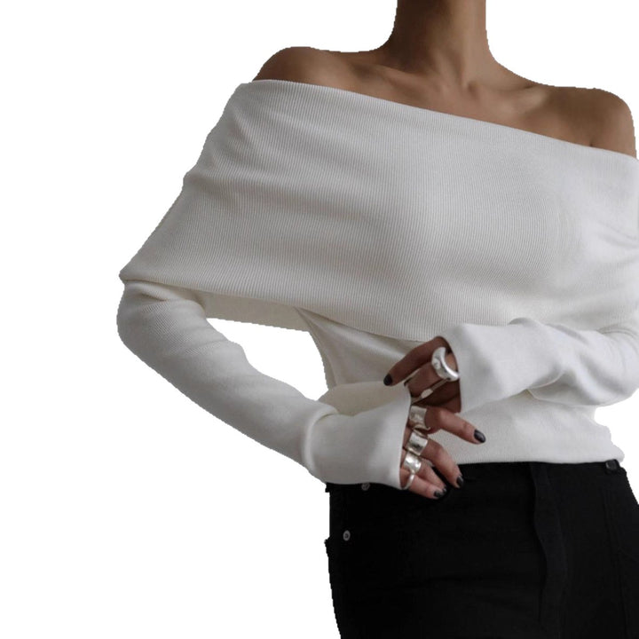 Damen schulterfreier Feinstrick-Pullover mit umlegbarem Carmenkragen Drune
