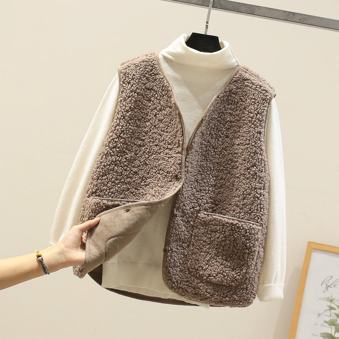 Damen Ärmellose Teddyweste mit Knopfleiste und aufgesetzten Taschen Drune