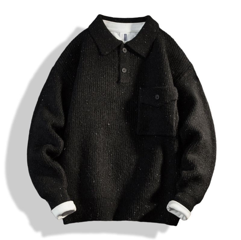 Herren Oversize-Strick-Polo mit Brusttasche & gerippter Struktur Drune