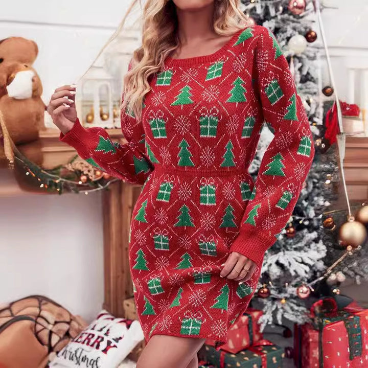 Damen Strickkleid mit festlichem Weihnachtsmotiv und weitem Rundhalsausschnitt Drune