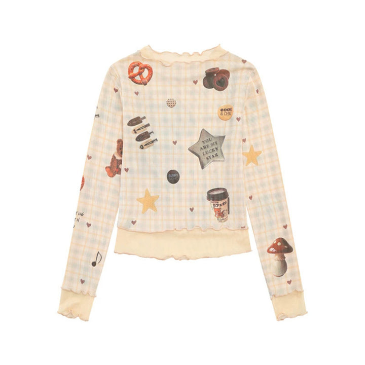 Damen Langarm Mesh-Top mit Teddy-Print und Lagenoptik Drune