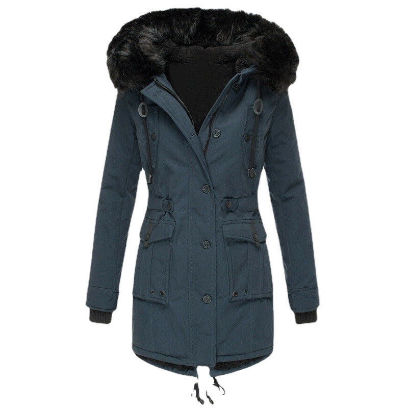 Damen Gefütterter Parka mit Kapuze und abnehmbarem Kunstpelzbesatz, taillierter Wintermantel Drune