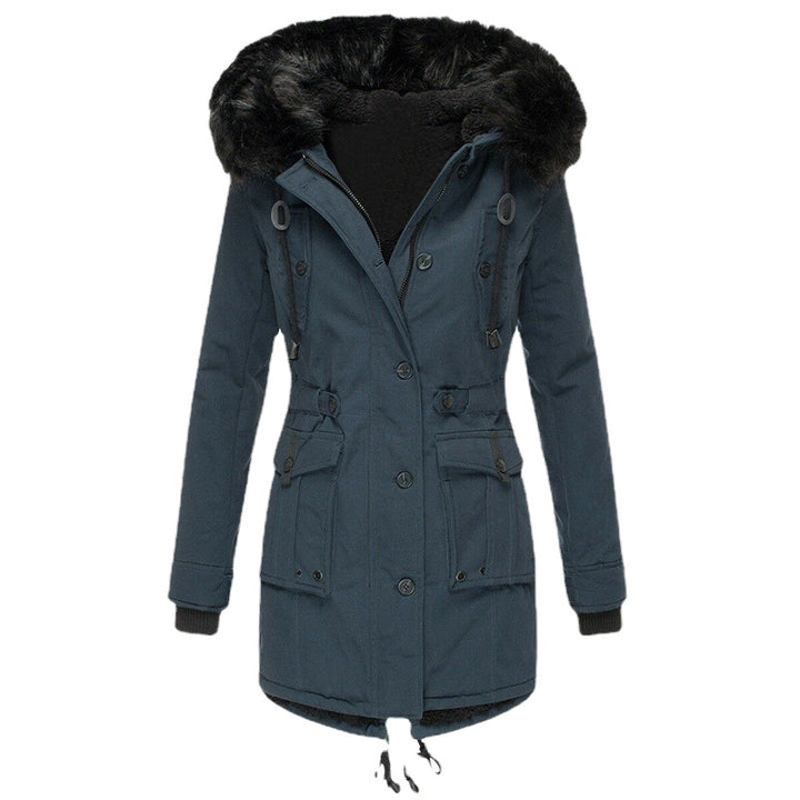 Damen Gefütterter Parka mit Kapuze und abnehmbarem Kunstpelzbesatz, taillierter Wintermantel Drune