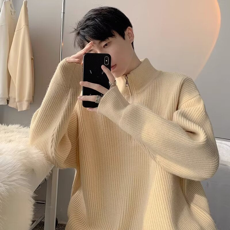 Herren Grobstrickpullover mit Stehkragen und Reißverschluss Drune