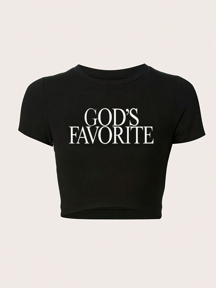 Damen figurbetontes Kurzarm-T-Shirt mit verspieltem Aufdruck Drune