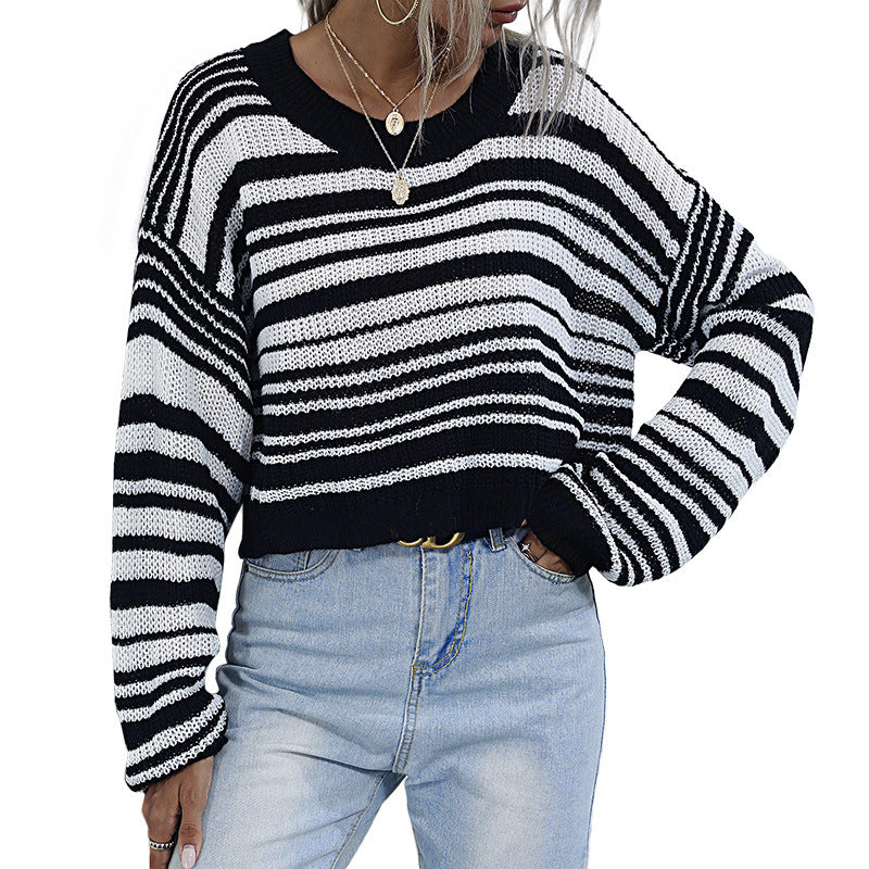 Damen Cropped-Strickpullover mit Off-Shoulder, lockerer Oversize-Passform & Streifenmuster Drune