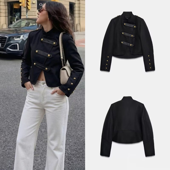Damen Cropped Militärblazer im Uniformstil mit dekorativen Zierstreifen und Messingknöpfen Drune