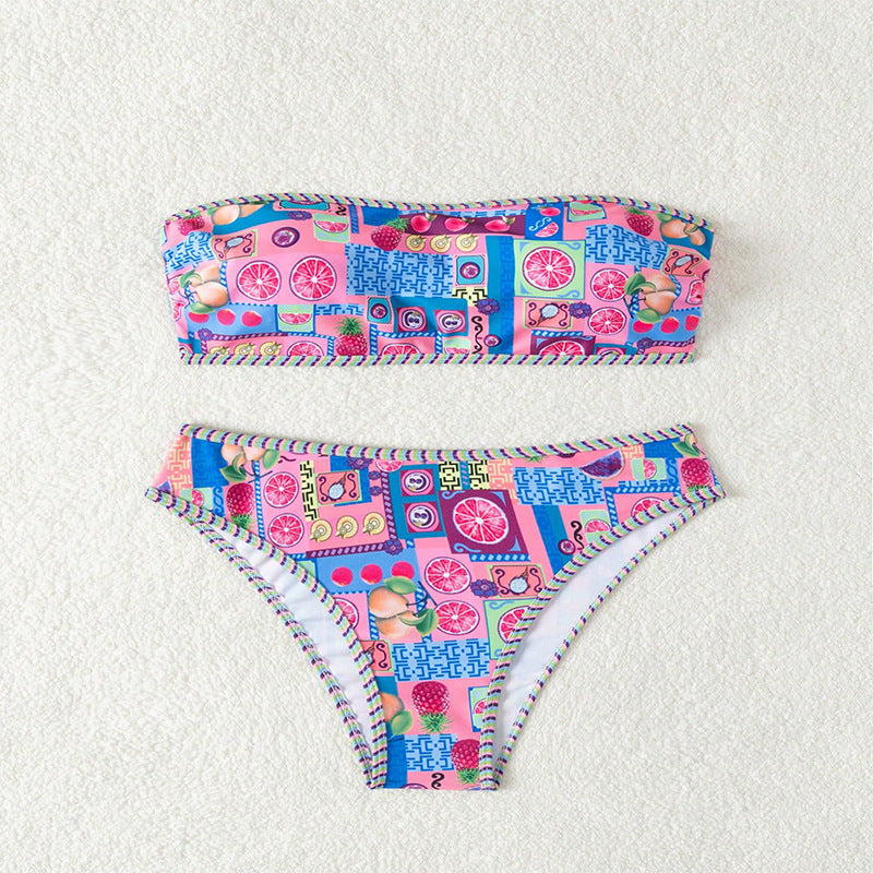 Damen Bandeau-Bikini mit fruchtigem Design und kontrastierenden Rändern Drune