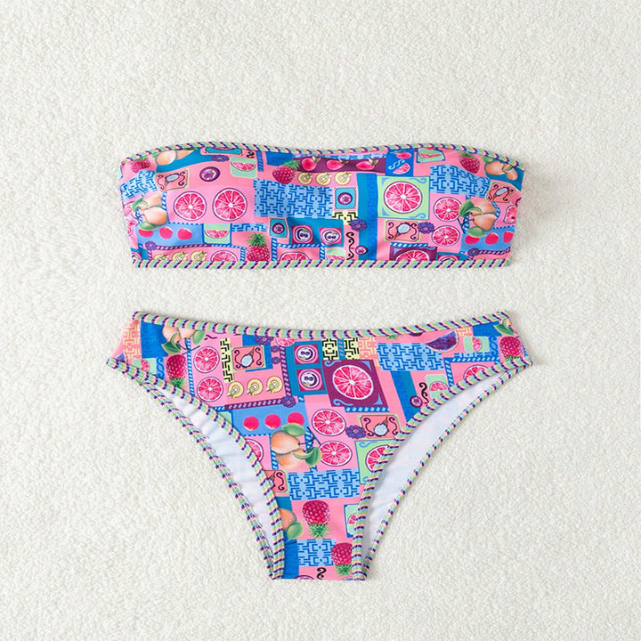 Damen Bandeau-Bikini mit fruchtigem Design und kontrastierenden Rändern Drune