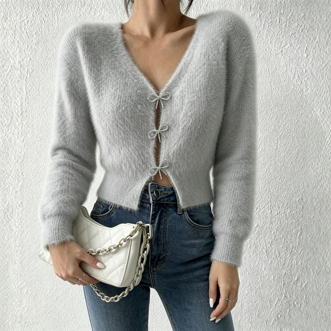 Damen Flauschiger Cropped-Cardigan mit V-Ausschnitt und Schleifen‑Verschlüssen Drune