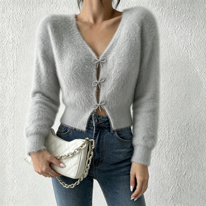 Damen Flauschiger Cropped-Cardigan mit V-Ausschnitt und Schleifen‑Verschlüssen Drune