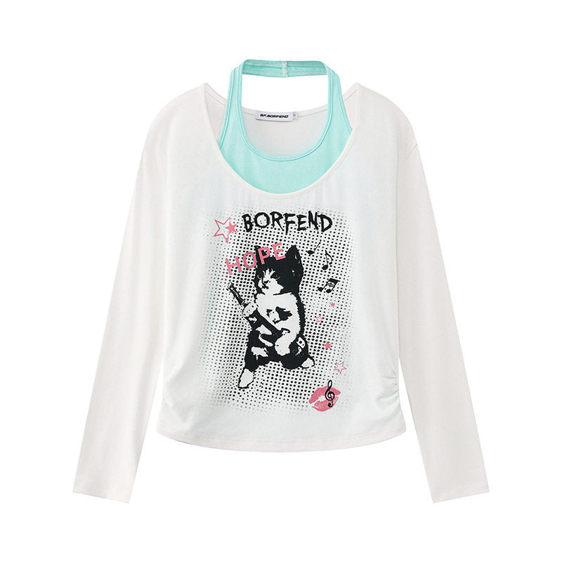 Damen Lagen-Langarmshirt mit Racerback-Innenlayer und Cartoon-Katzenprint Drune