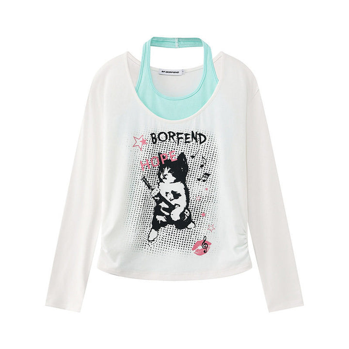 Damen Lagen-Langarmshirt mit Racerback-Innenlayer und Cartoon-Katzenprint Drune