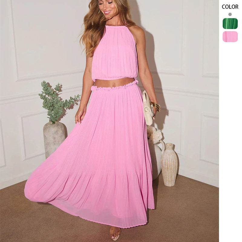 Damen Plissiertes Zweiteiliges Set mit Crop-Top und elegantem Maxiröck Drune