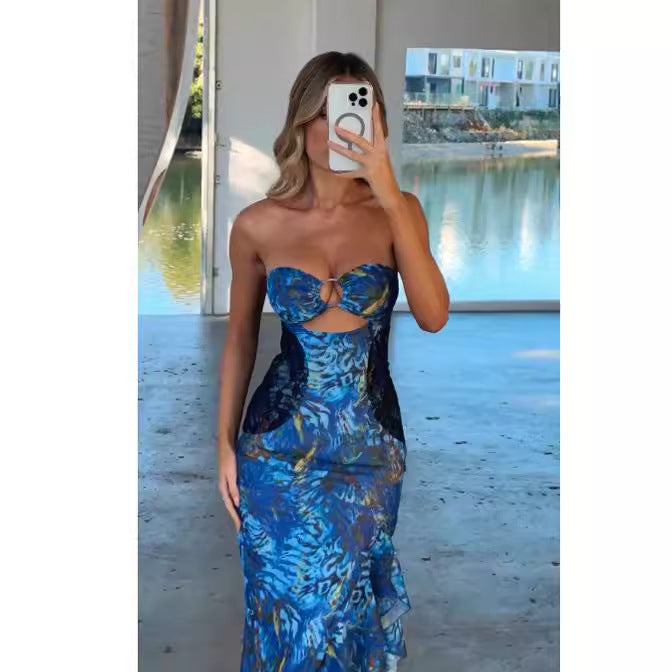 Damen Exquisites Maxikleid mit raffiniertem Cut-Out und elegantem Rüschendesign Drune