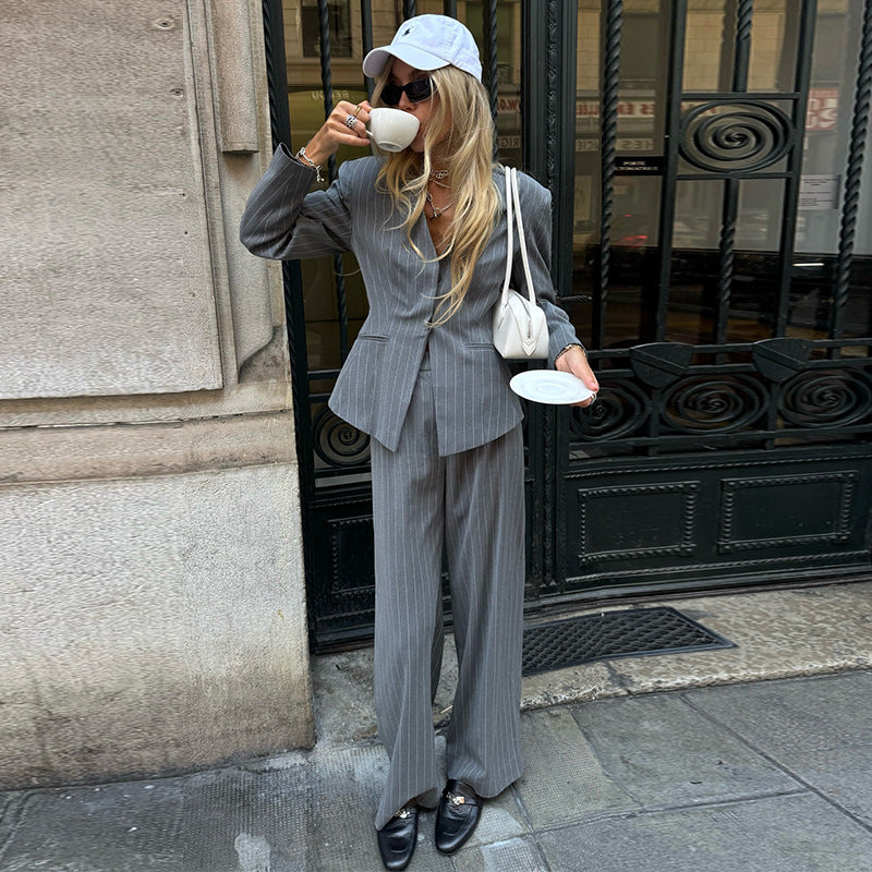 Damen eleganter Zweiteiler-Anzug mit Streifen Drune