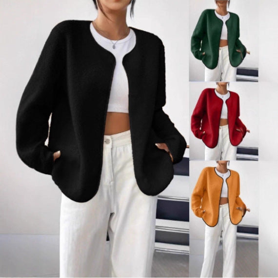 Damen Kurzjacke Teddy-Fleece Cardigan ohne Verschluss mit Rundhals Drune