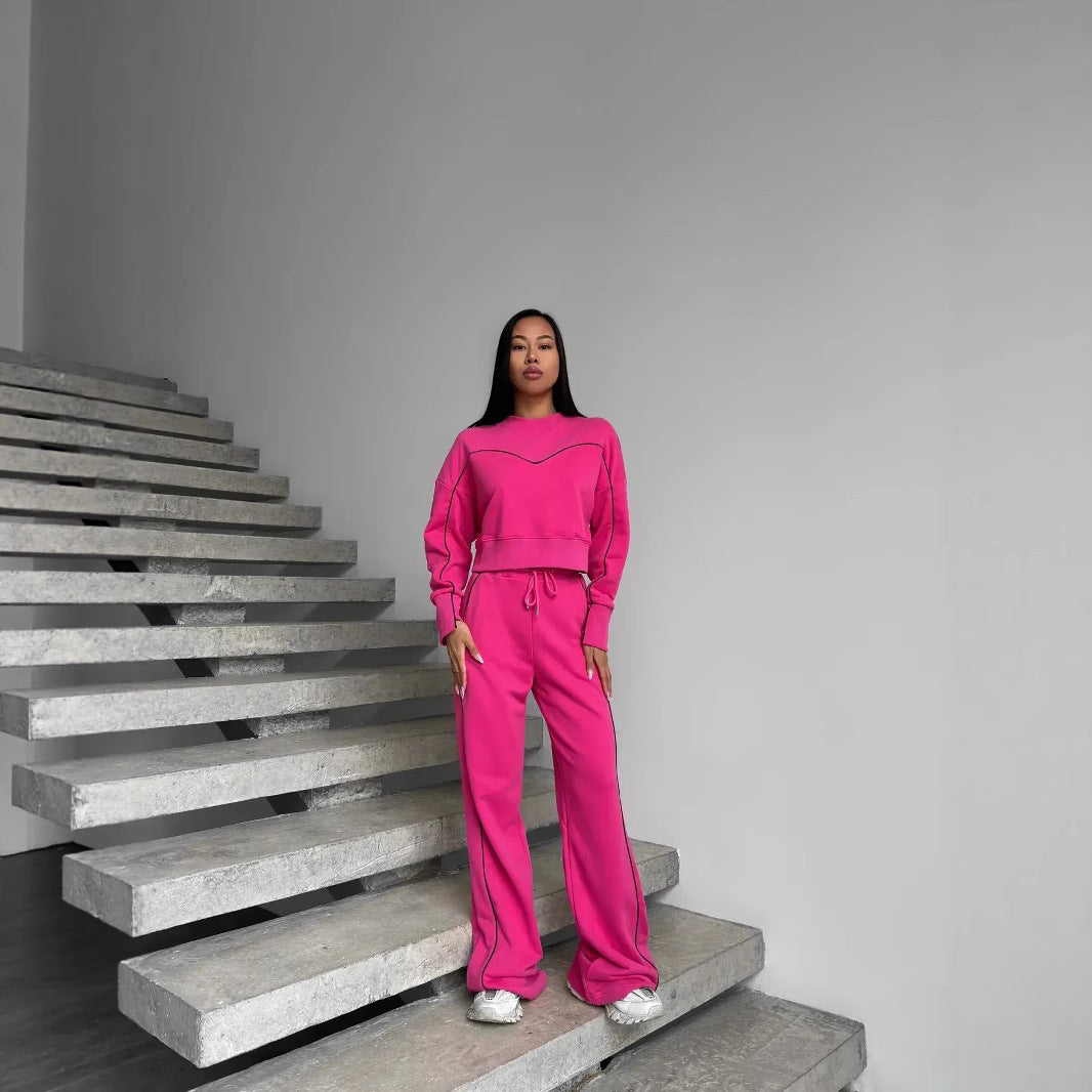 Damen kurzes Oversize-Sweatshirt mit Kordelzug-Jogginghose und Kontrastnähten Drune